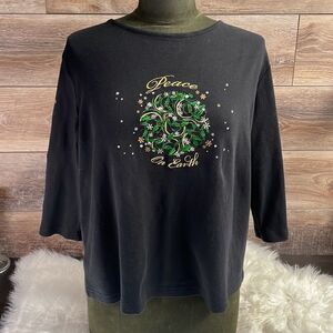 Allyson Whitmore Holiday Shirt “Peace on Earth” embroidered design, XL, Black